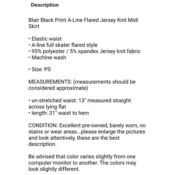 Blair Black Print A-Line Flared Jersey Knit Midi Skirt PS Packable Office Work - Picture 6 of 6